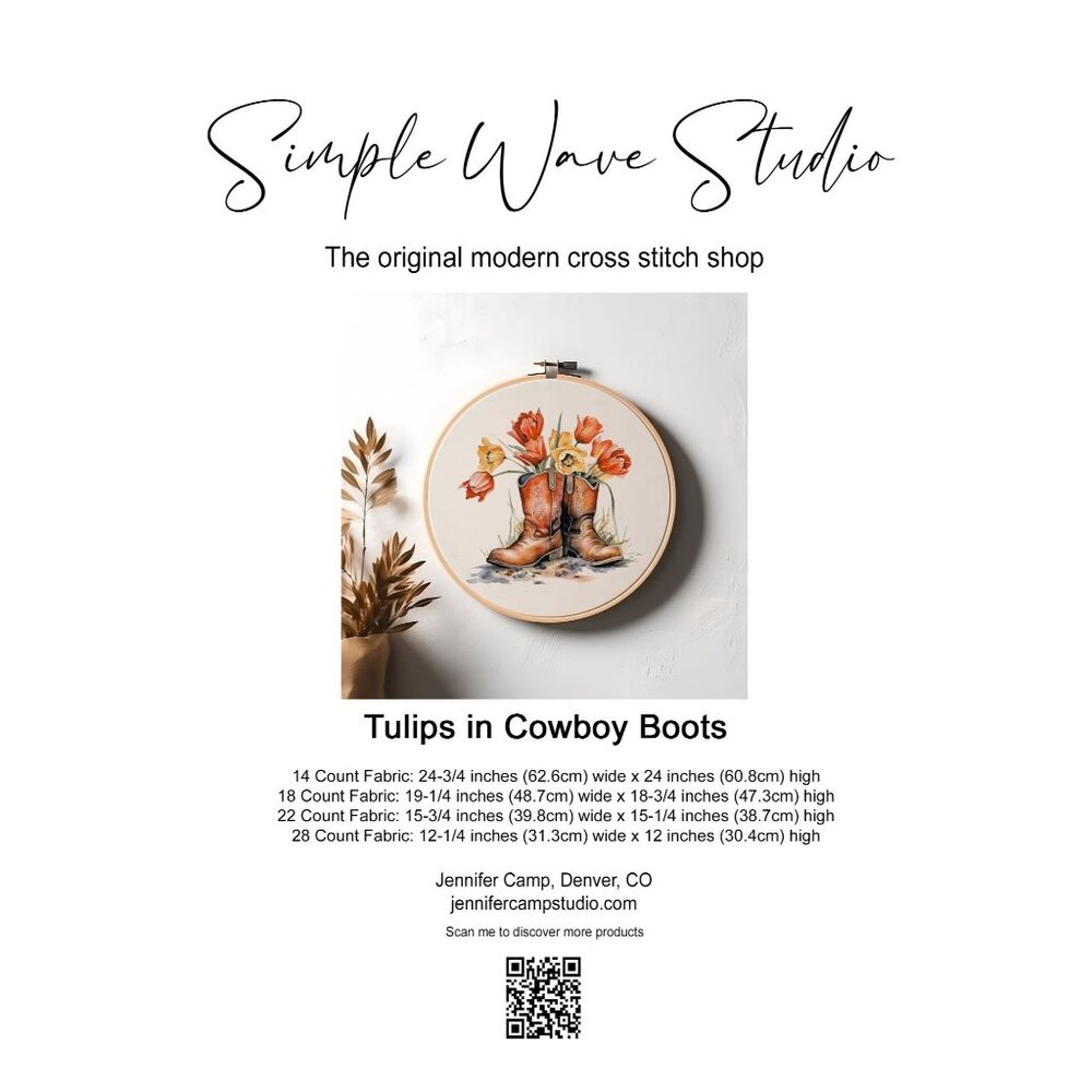 Wildflower Tulips in Cowboy‎ Boots Counted Cross Stitch Pattern NEW